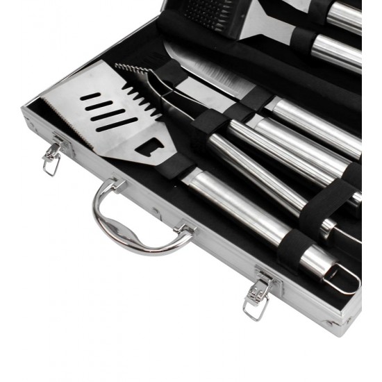 Jogo De 19 Pecas Para Churrasco Gourmet Em aço Inox Com Maleta Em Alumínio 43x22x7cm